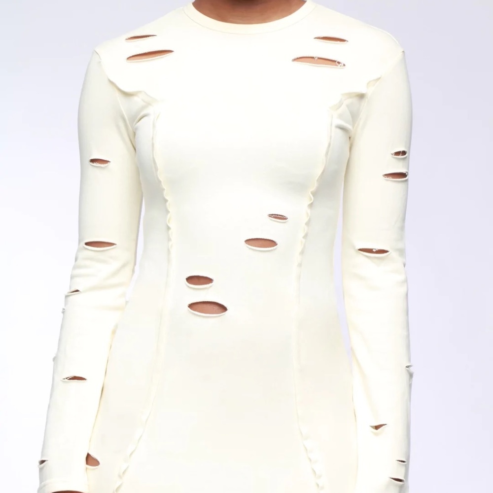 Raw Cutout Mini Dress Long Sleeve-Cream Color Size SMALL | FREE SHIPPING